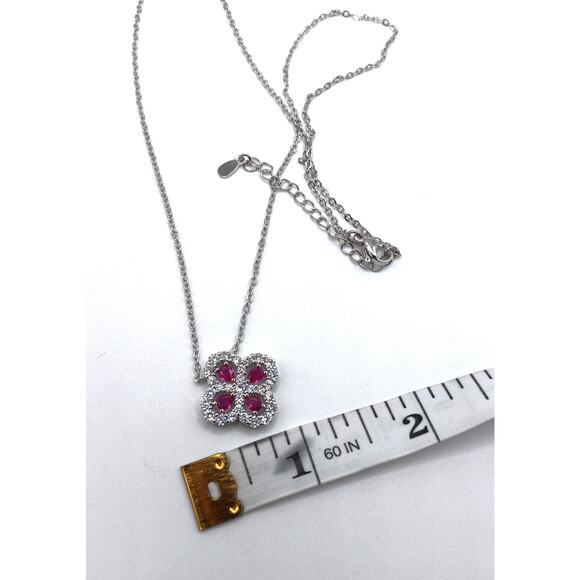 Flower Silver Necklace Simulated Ruby CZ Pendant 16"+2" Extender - Picture 3 of 3